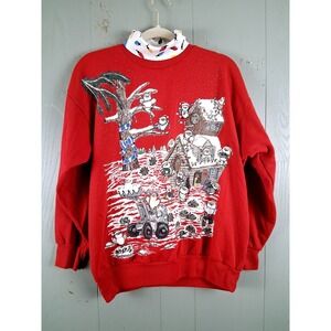 Vintage 80s Christmas Turtleneck Sweatshirt Medium Acrylic XMAS Lights Snowmen